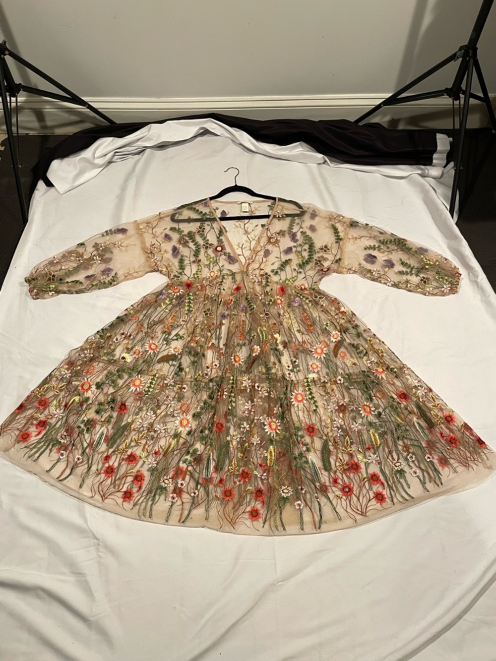 H&M Beige Sheer Dress with Floral Embroidery Throughout